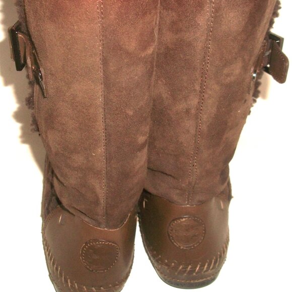 Tory Burch Mid-Calf Brown Suede Moccasin Boots Lined w Authentic Shearling 9.5M - Picture 6 of 9